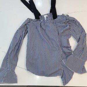 Leith Navy and White Striped Off-the-Shoulder Blouse with Black Straps